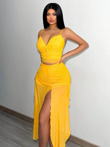 Solid Color Spaghetti Strap Top & Split Skirt Two Piece Set