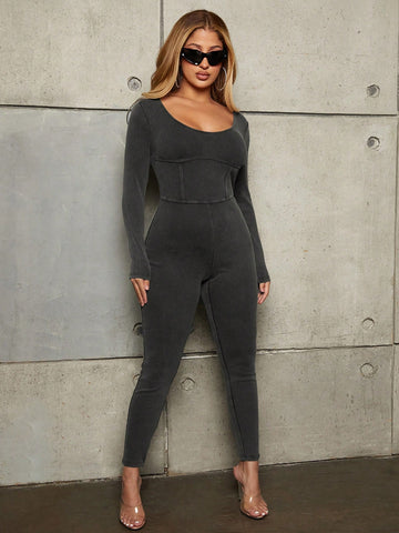 Solid Color Tight-fitting Long Sleeve Jumpsuit