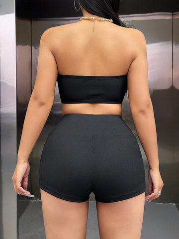 Solid Color Tube Top With Ruched Detailing And Shorts