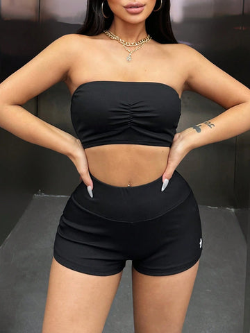 Solid Color Tube Top With Ruched Detailing And Shorts