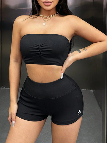 Solid Color Tube Top With Ruched Detailing And Shorts
