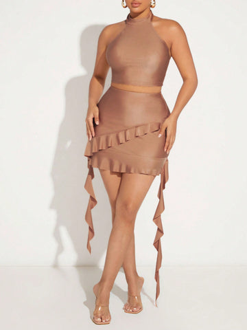 Solid Crop Halter Top & Ruffle Trim Skirt