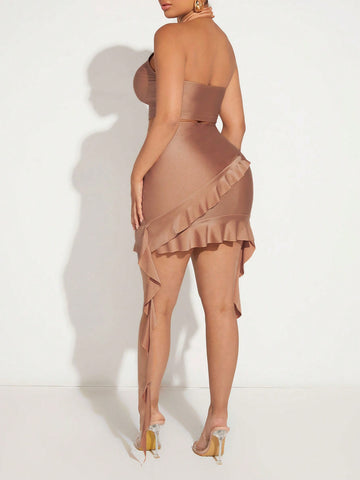 Solid Crop Halter Top & Ruffle Trim Skirt