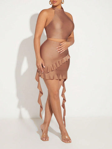 Solid Crop Halter Top & Ruffle Trim Skirt