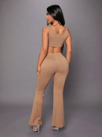 Solid Crop Tank Top & Flare Leg Pants