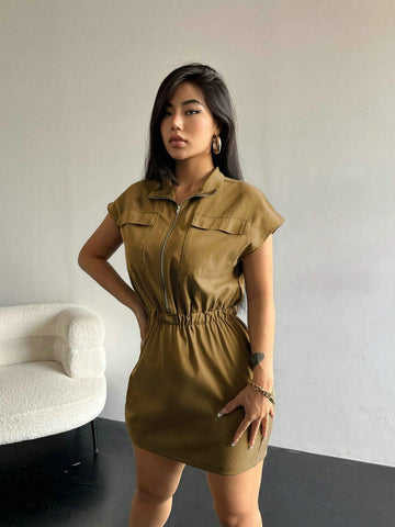 Solid Flap Pocket Half Zip Elastic Waist Dress
