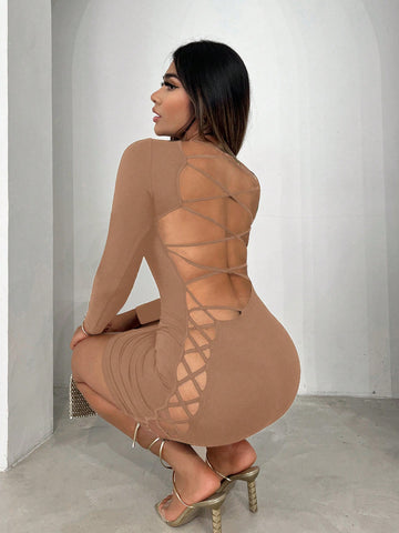 Solid Hollow Out Cross Straps Bodycon Dress