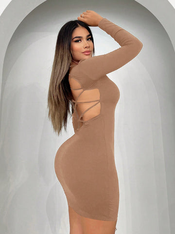 Solid Hollow Out Cross Straps Bodycon Dress