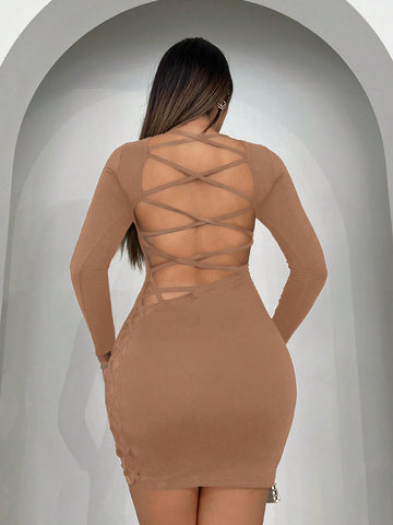 Solid Hollow Out Cross Straps Bodycon Dress
