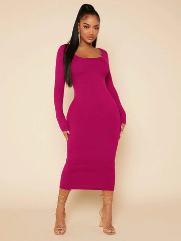 Solid Square Neck Bodycon Dress