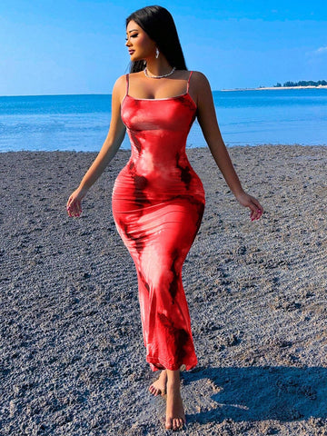 Spaghetti Strap Slim Fit Sexy Tie-Dye Printed Dress
