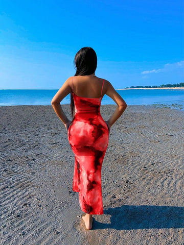 Spaghetti Strap Slim Fit Sexy Tie-Dye Printed Dress
