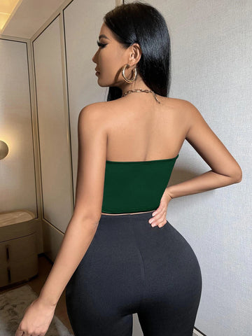 Spring And Summer Satin Short Tube Top Sexy Date Green Tight Top