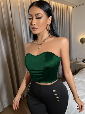 Spring And Summer Satin Short Tube Top Sexy Date Green Tight Top