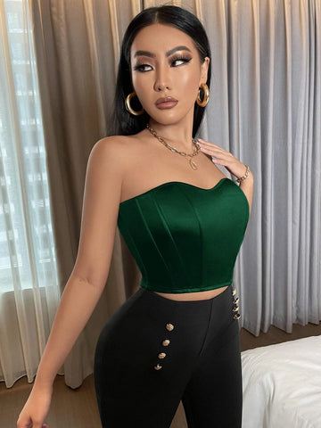 Spring And Summer Satin Short Tube Top Sexy Date Green Tight Top