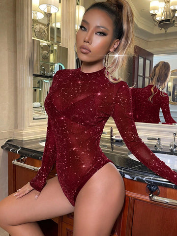 Spring And Summer Turtleneck Mesh Tight Date Night Black Long-Sleeved Bodysuit (Underwear Not Included)