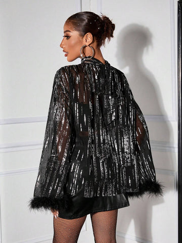 SXY Spring Autumn Fashion Sheer Metallic Net & Feather Flare Sleeve Blouse