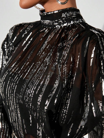 SXY Spring Autumn Fashion Sheer Metallic Net & Feather Flare Sleeve Blouse
