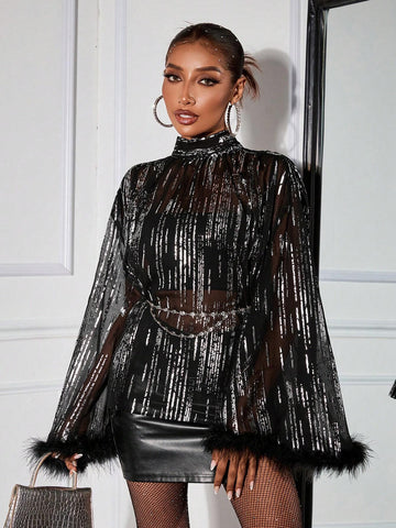 SXY Spring Autumn Fashion Sheer Metallic Net & Feather Flare Sleeve Blouse