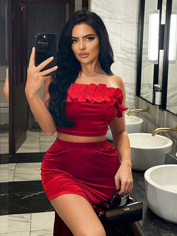 Spring Break Valentine'S Day Sexy Prom Birthday Party Spring Party Date Women's Ruffle Trim Bandeau Red Top And Corduroy A-Line Skirt Set