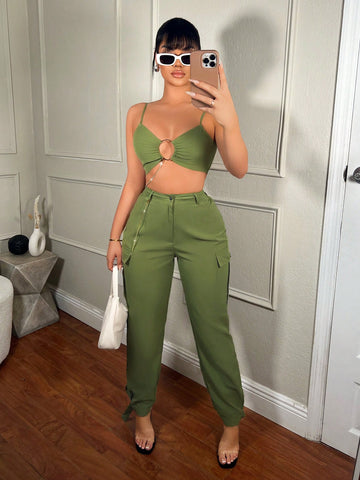Spring Chain Detail Cami Top & Cuffed Cargo Pants Set