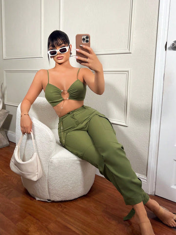 Spring Chain Detail Cami Top & Cuffed Cargo Pants Set