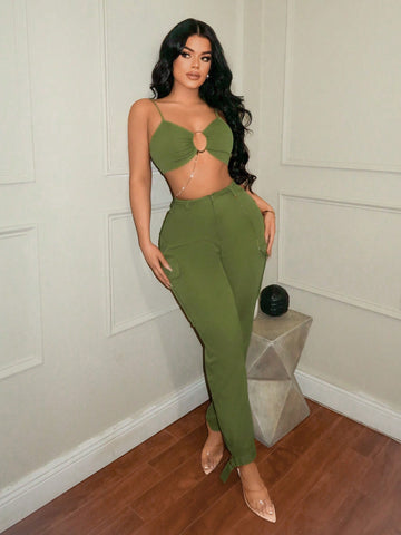 Spring Chain Detail Cami Top & Cuffed Cargo Pants Set