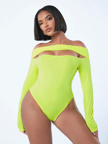 Spring Fluorescent Lime Cold Shoulder Hollow Out T-Shirt Jumpsuit