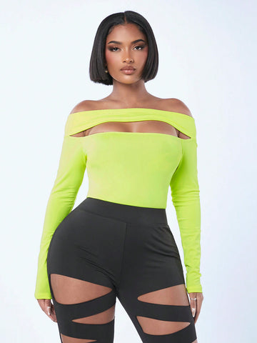 Spring Fluorescent Lime Cold Shoulder Hollow Out T-Shirt Jumpsuit