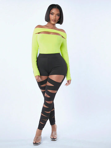 Spring Fluorescent Lime Cold Shoulder Hollow Out T-Shirt Jumpsuit