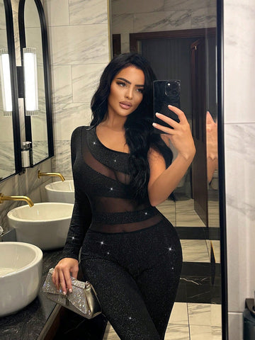 Spring Glitter Birthday Outfit Valentines Day Date Night Festival Outfits Party Women'S Mesh Splice One Shoulder Long Sleeve Sparkling Mesh Sexy Prom Jumpsuit