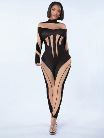 Spring Sexy Clubwear Color Block Backless Bodysuit Jumpsuit For Women, Valentines Day