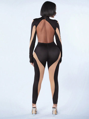 Spring Sexy Clubwear Color Block Backless Bodysuit Jumpsuit For Women, Valentines Day
