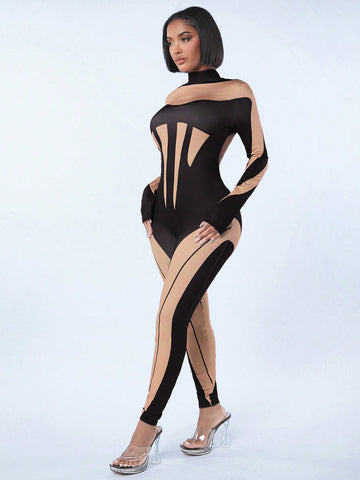 Spring Sexy Clubwear Color Block Backless Bodysuit Jumpsuit For Women, Valentines Day