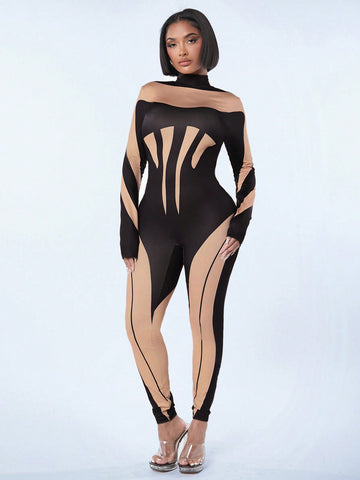 Spring Sexy Clubwear Color Block Backless Bodysuit Jumpsuit For Women, Valentines Day