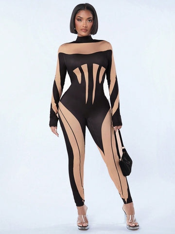 Spring Sexy Clubwear Color Block Backless Bodysuit Jumpsuit For Women, Valentines Day