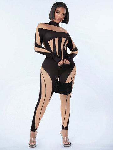 Spring Sexy Clubwear Color Block Backless Bodysuit Jumpsuit For Women, Valentines Day