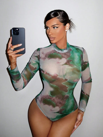 Spring Tie Dye Printed Sexy Slim Mesh Jumpsuit