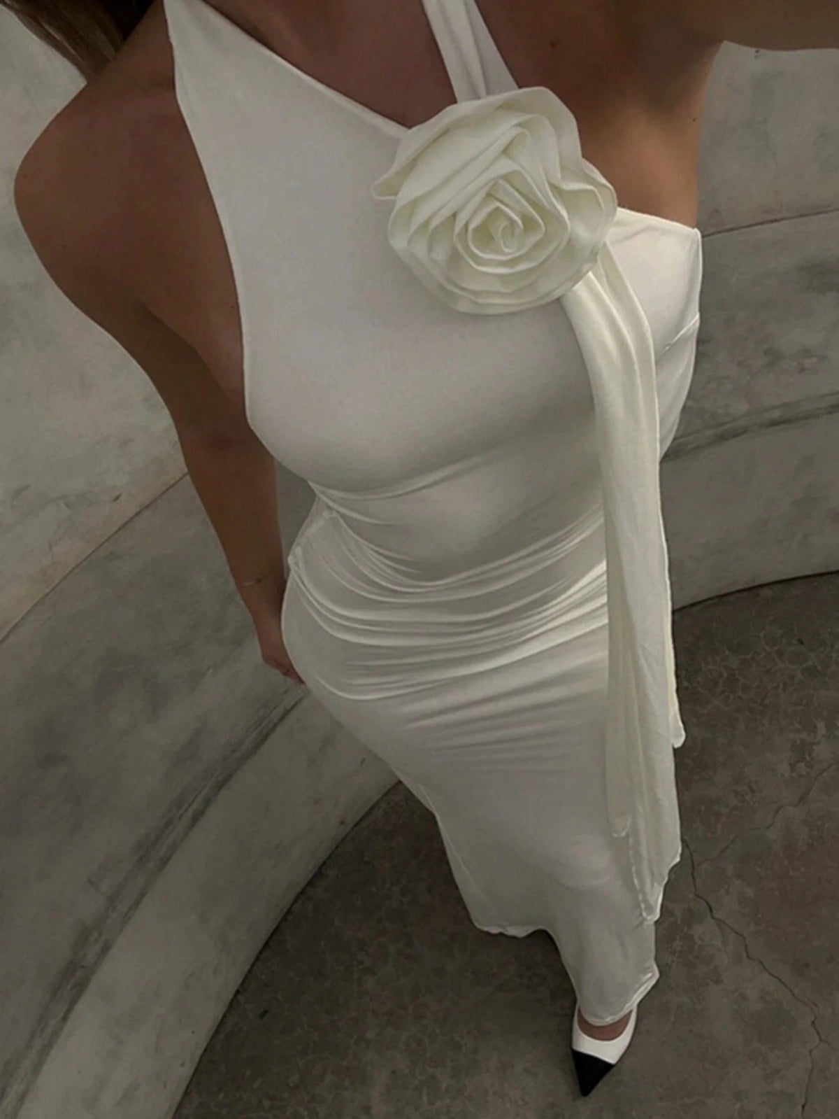 Stereo Flower Asymmetrical Neck Bodycon Dress