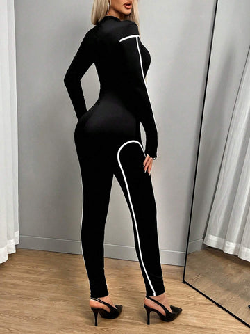 Streetwear Black & White Contrast Color Long Sleeve Jumpsuit For Women, Autumn/Winter