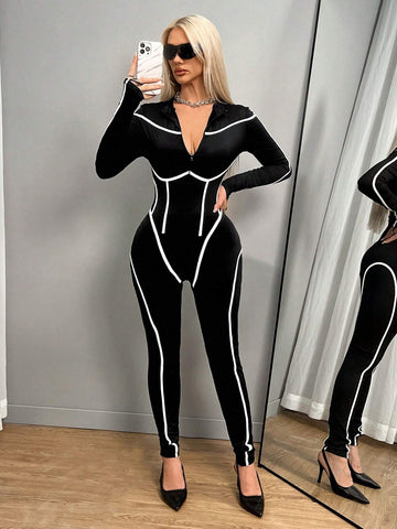 Streetwear Black & White Contrast Color Long Sleeve Jumpsuit For Women, Autumn/Winter