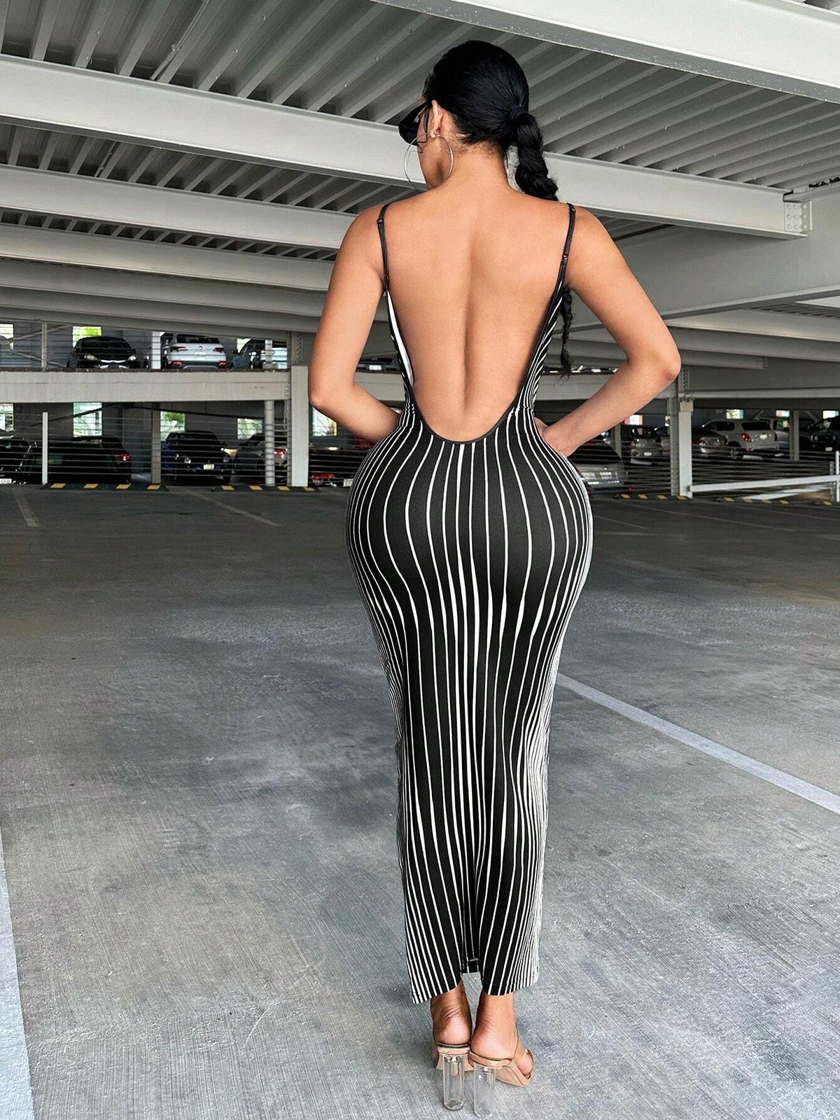Striped Print Backless Cami Bodycon Dress