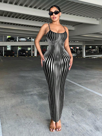Striped Print Backless Cami Bodycon Dress
