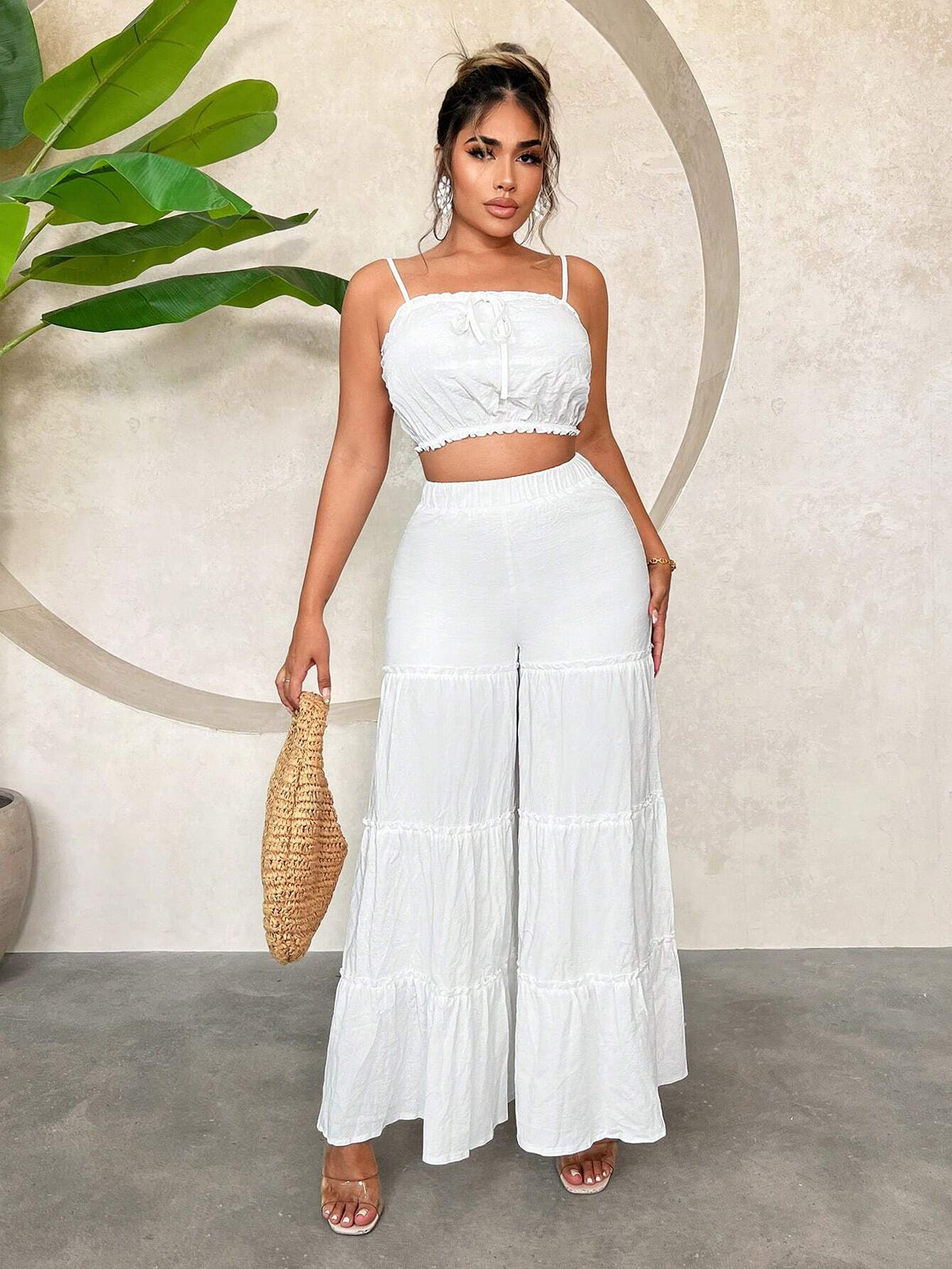 Summer Beach Vacation Multi-Layered Cake Wide Leg Pants And Solid Color Bandeau Top 2pcs Outfit