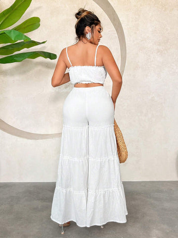 Summer Beach Vacation Multi-Layered Cake Wide Leg Pants And Solid Color Bandeau Top 2pcs Outfit