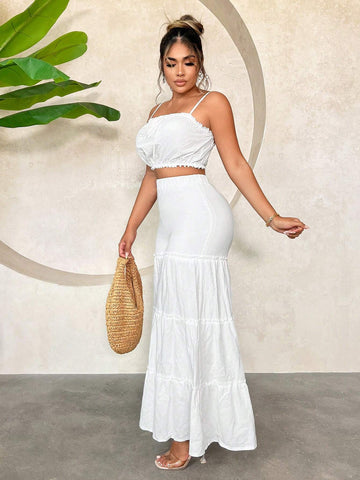 Summer Beach Vacation Multi-Layered Cake Wide Leg Pants And Solid Color Bandeau Top 2pcs Outfit