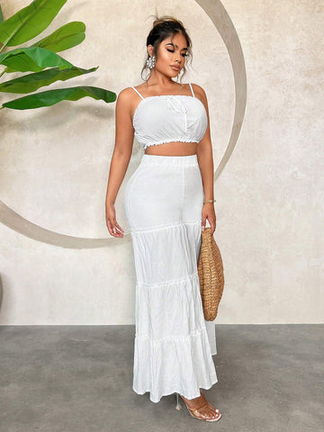 Summer Beach Vacation Multi-Layered Cake Wide Leg Pants And Solid Color Bandeau Top 2pcs Outfit