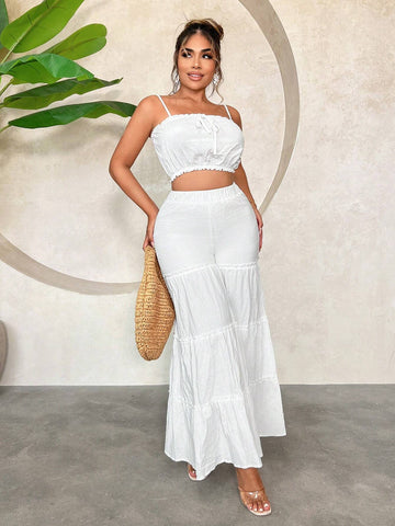 Summer Beach Vacation Multi-Layered Cake Wide Leg Pants And Solid Color Bandeau Top 2pcs Outfit