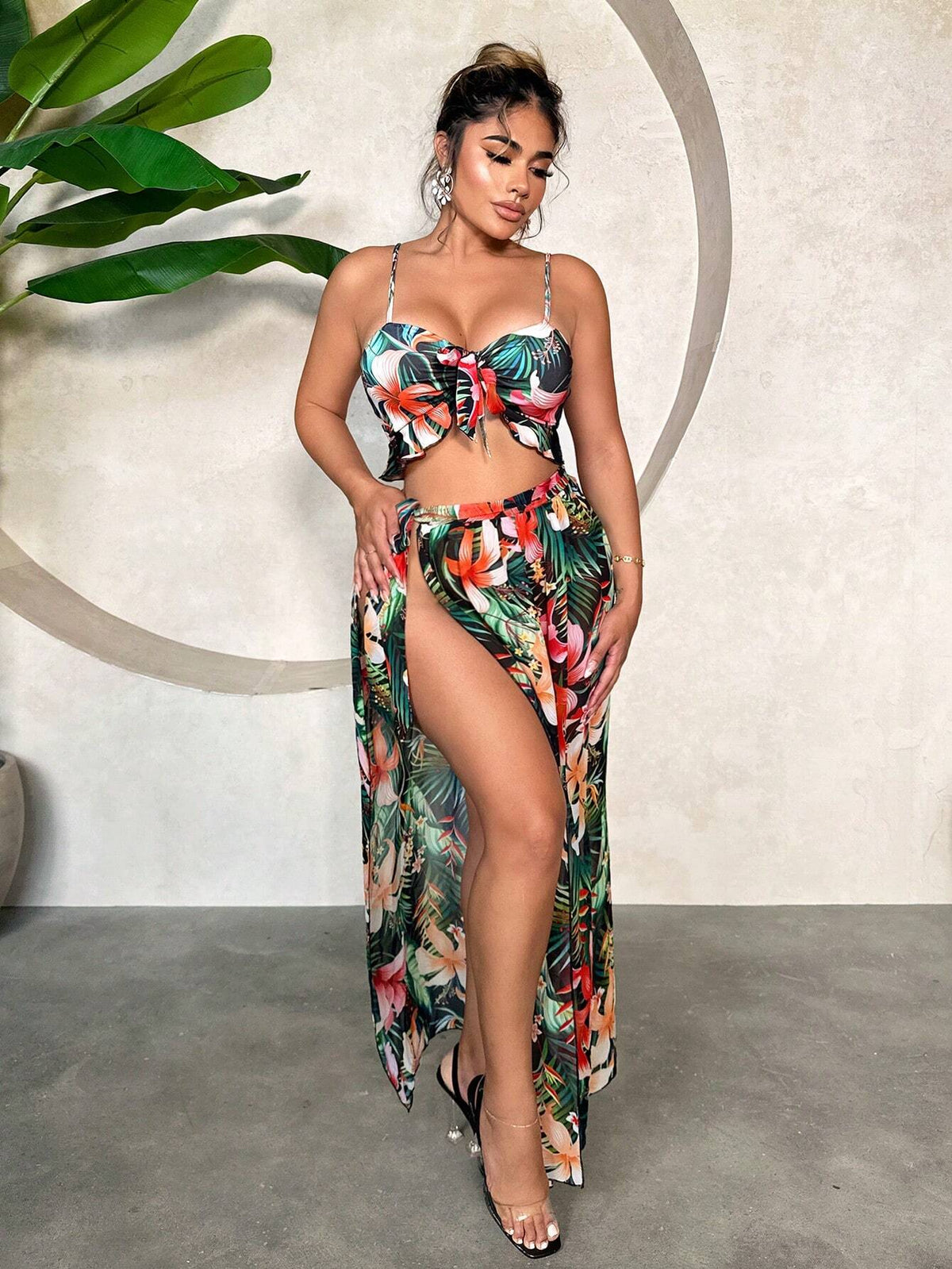 Summer Beach Vacation Tropical Plant Printed Sleeveless Cami With Thigh-High Slit Sexy Two Piece Set