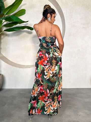 Summer Beach Vacation Tropical Plant Printed Sleeveless Cami With Thigh-High Slit Sexy Two Piece Set